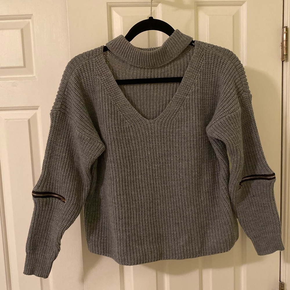 Gray Cut-Out Sweater with Zippers